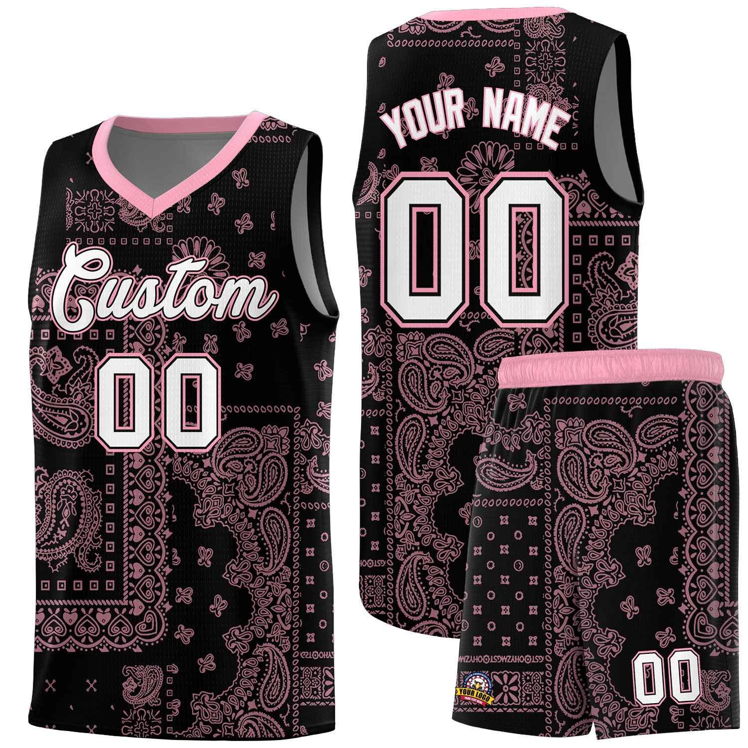 Custom Black Basketball Kits With Light Pink Cashew Flower Print Pattern