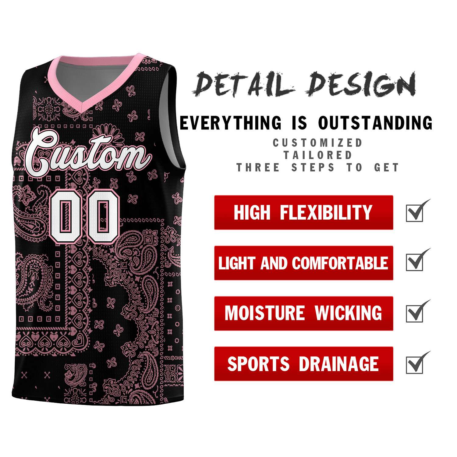 Custom Black Basketball Kits With Light Pink Cashew Flower Print Pattern