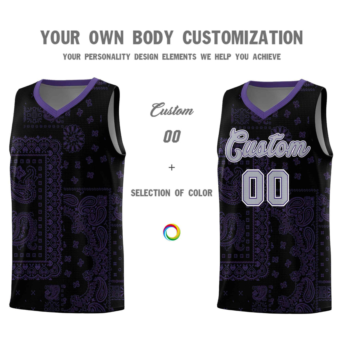 Custom Black Basketball Kits With Purple Cashew Flower Print Pattern