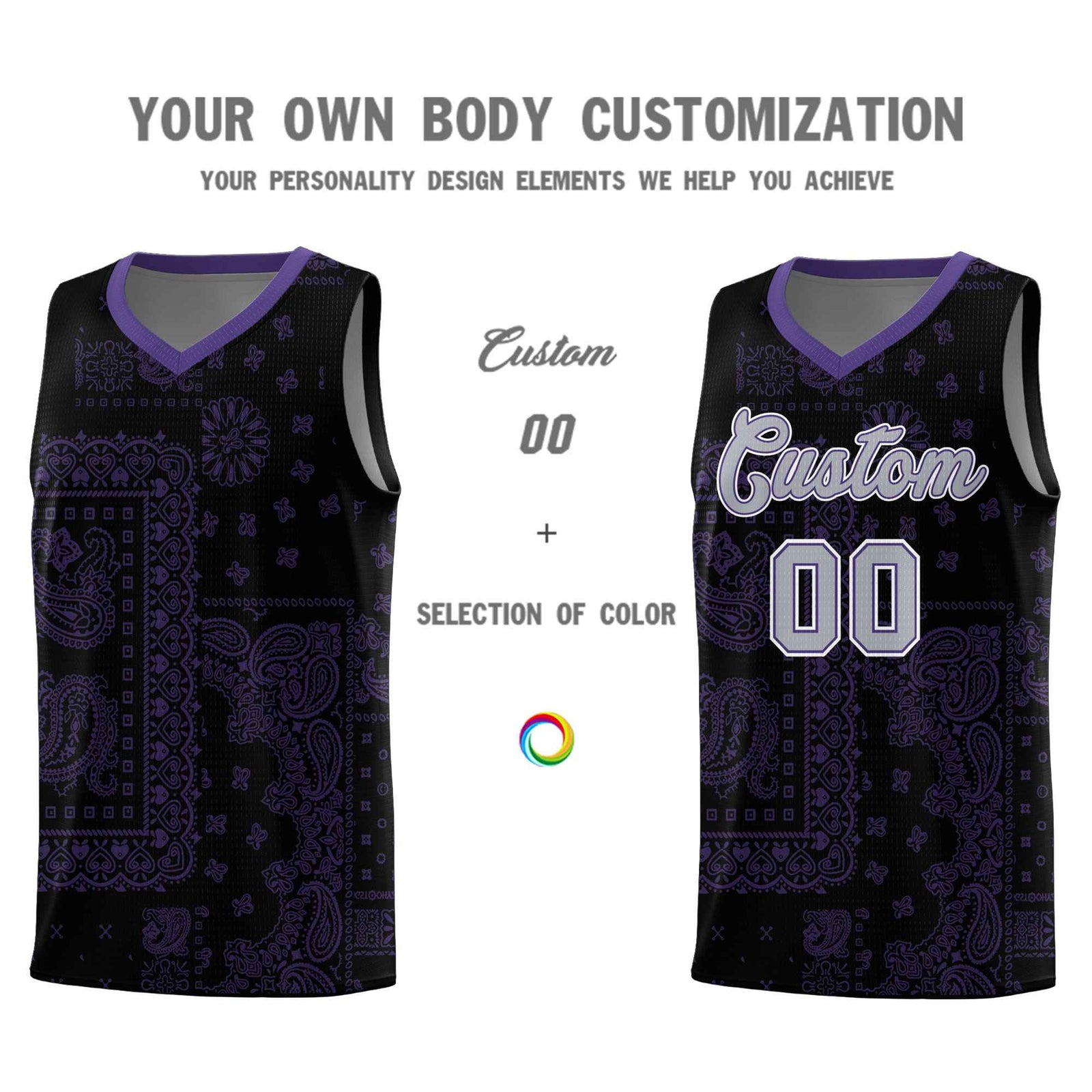 Custom Black Basketball Kits With Purple Cashew Flower Print Pattern