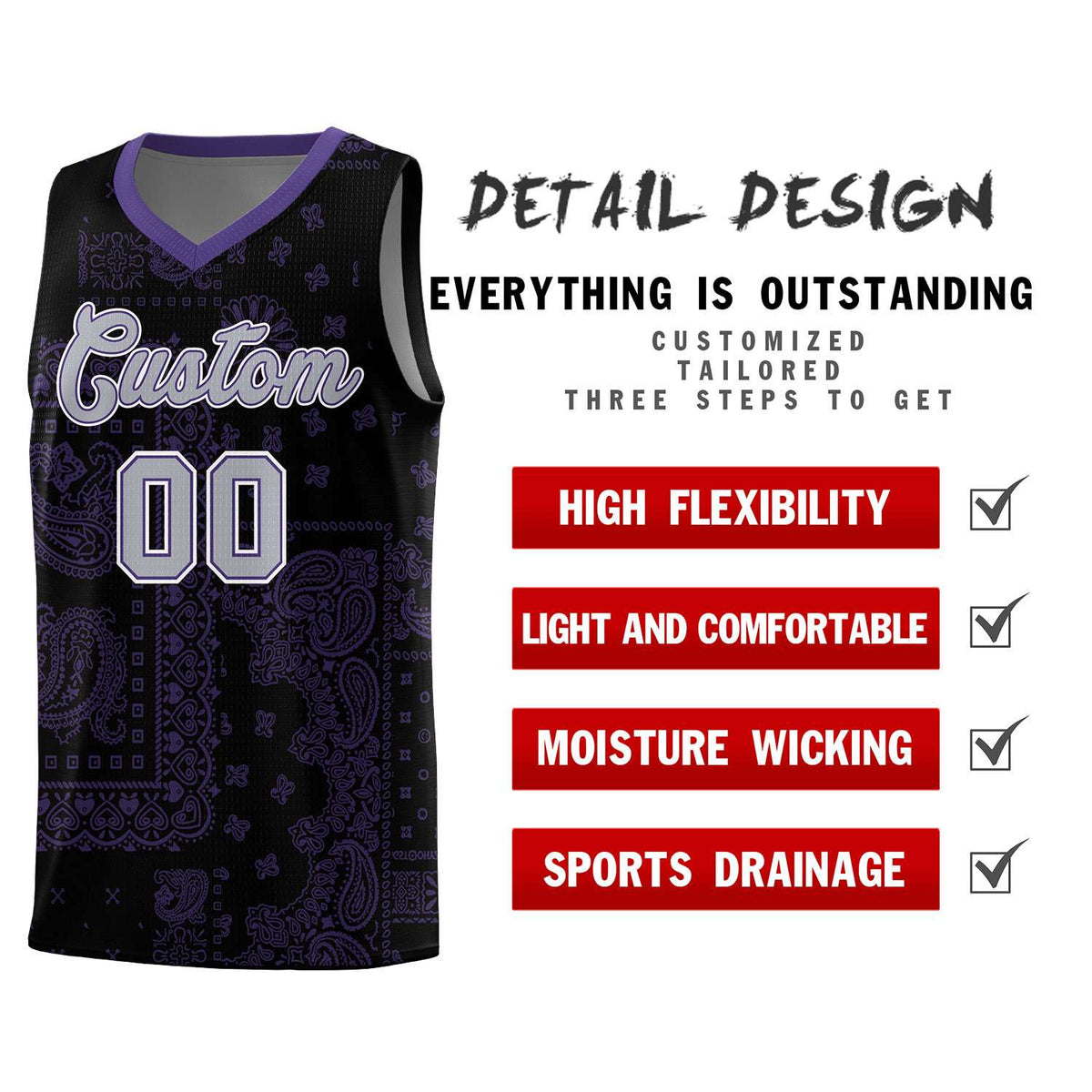 Custom Black Basketball Kits With Purple Cashew Flower Print Pattern