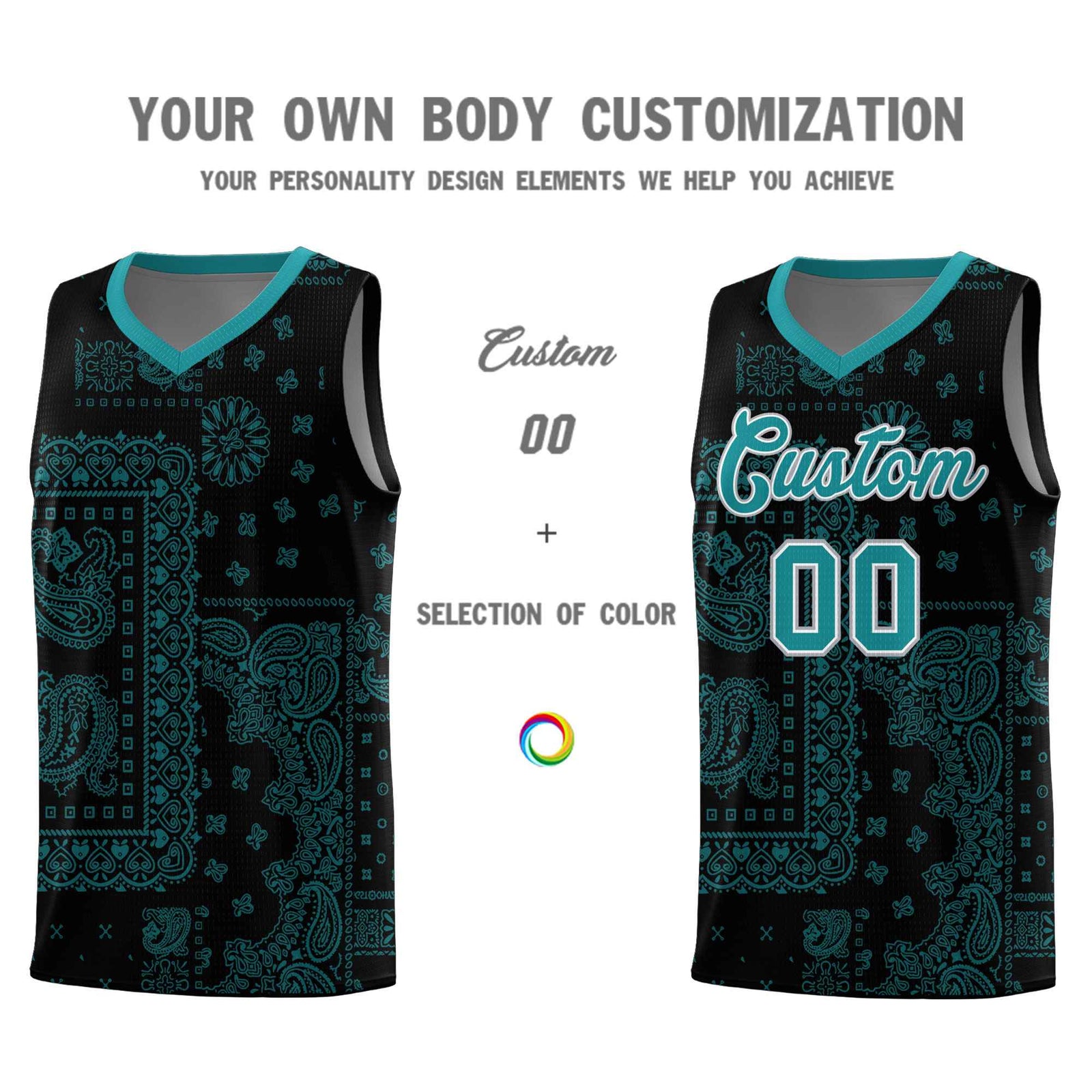 Custom Black Basketball Kits With Aqua Cashew Flower Print Pattern