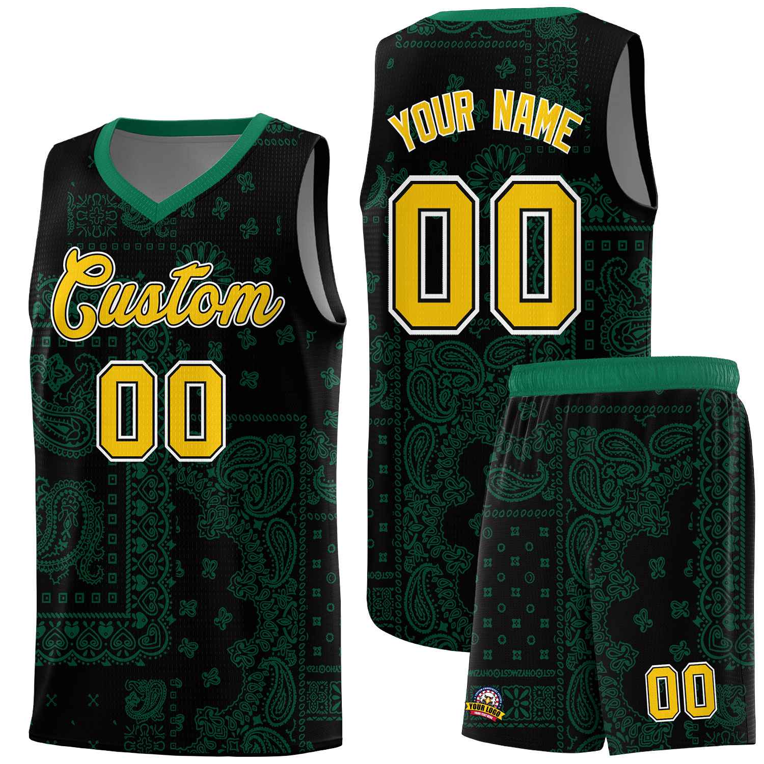Custom Black Basketball Kits With Kelly Green Cashew Flower Print Pattern
