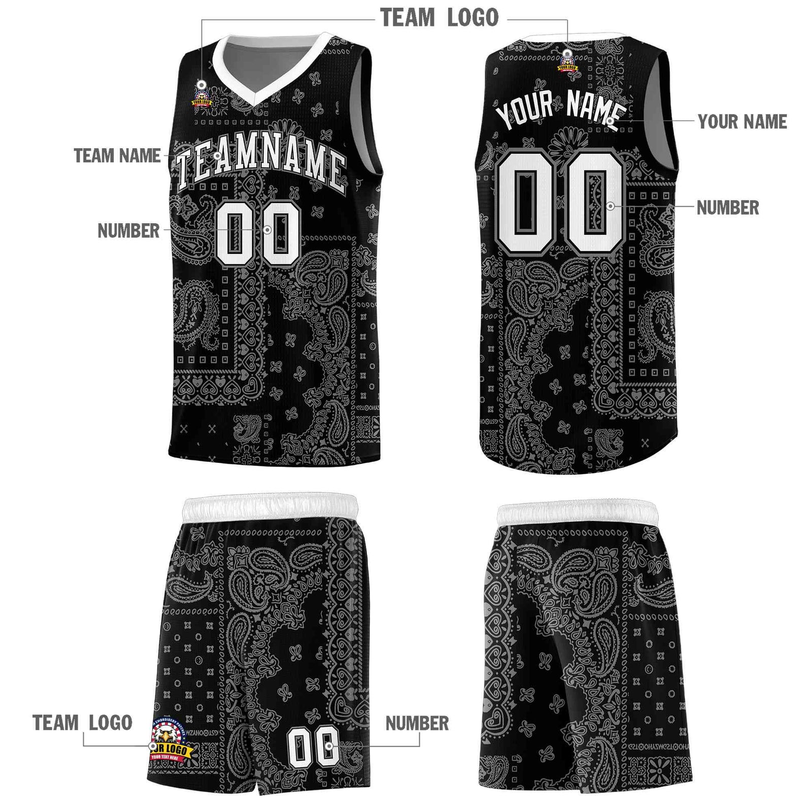 Custom Black Basketball Kits With White Cashew Flower Print Pattern