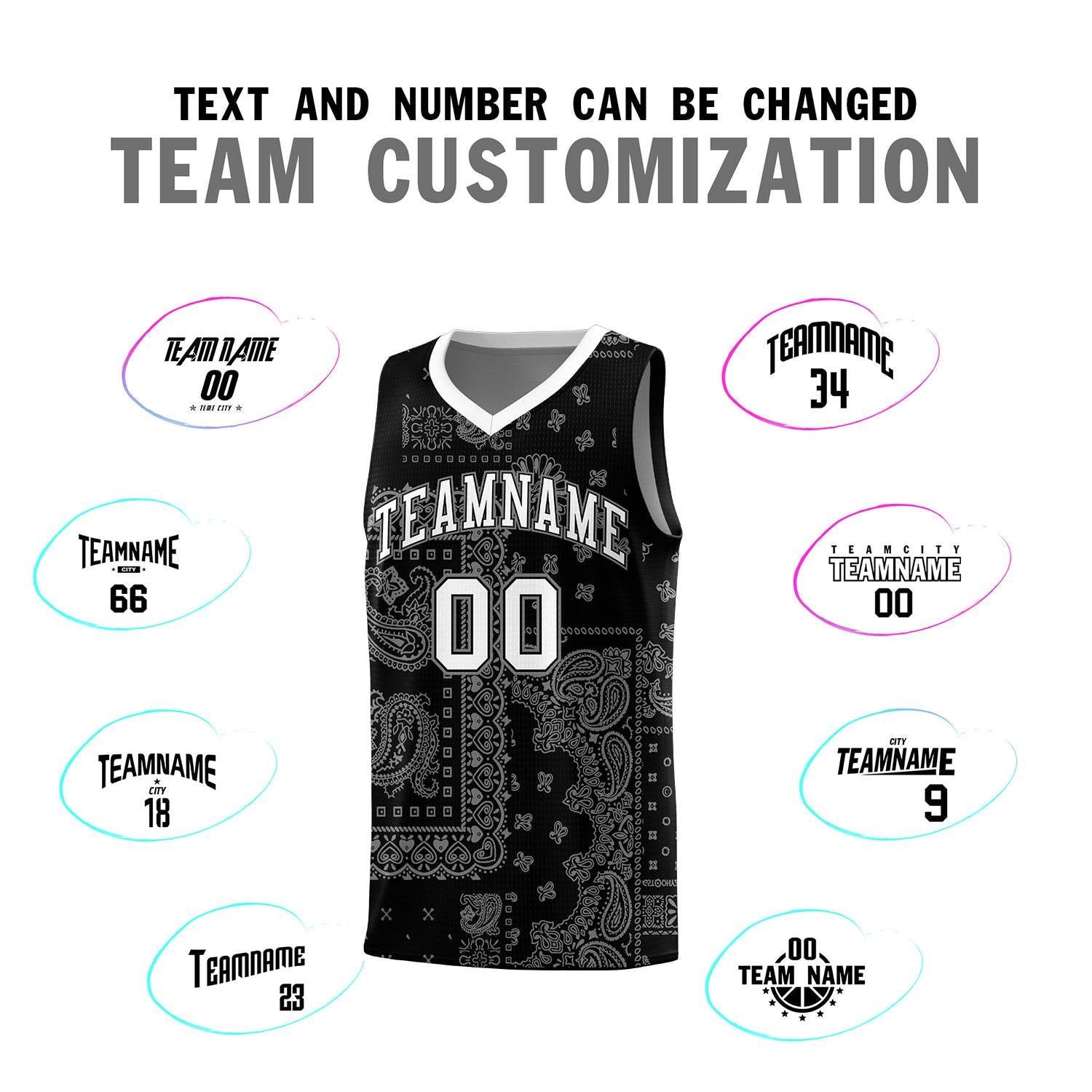 Custom Black Basketball Kits With White Cashew Flower Print Pattern