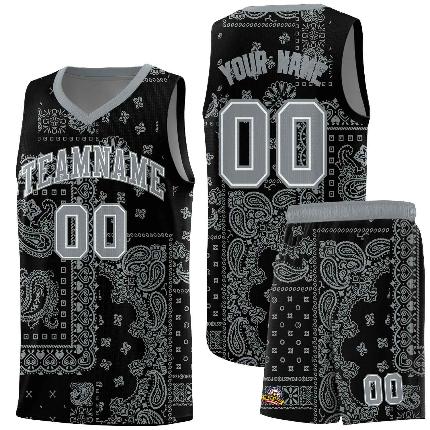 Custom Black Basketball Kits With Silver Cashew Flower Print Pattern