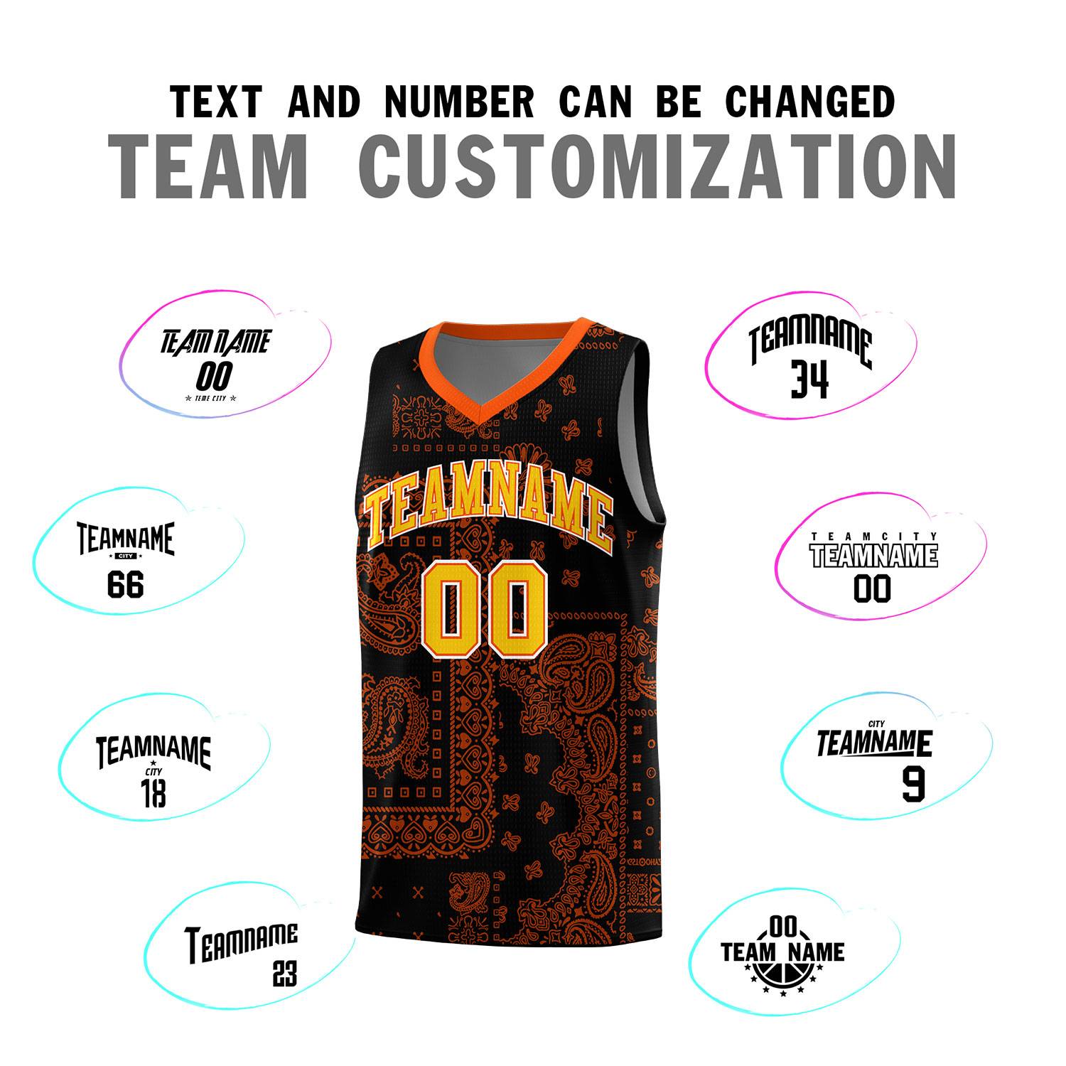 Custom Black Basketball Kits With Orange Cashew Flower Print Pattern