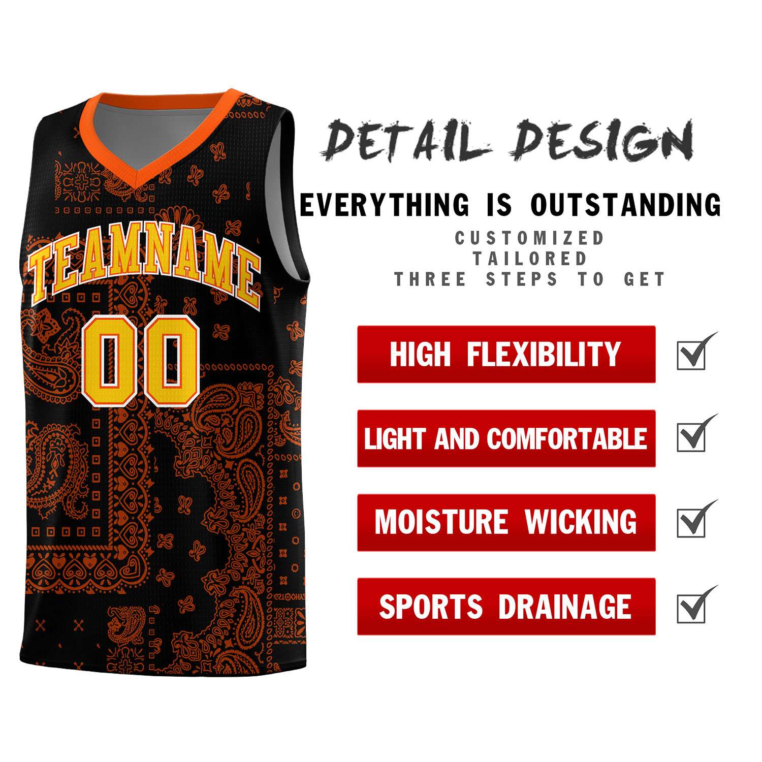 Custom Black Basketball Kits With Orange Cashew Flower Print Pattern