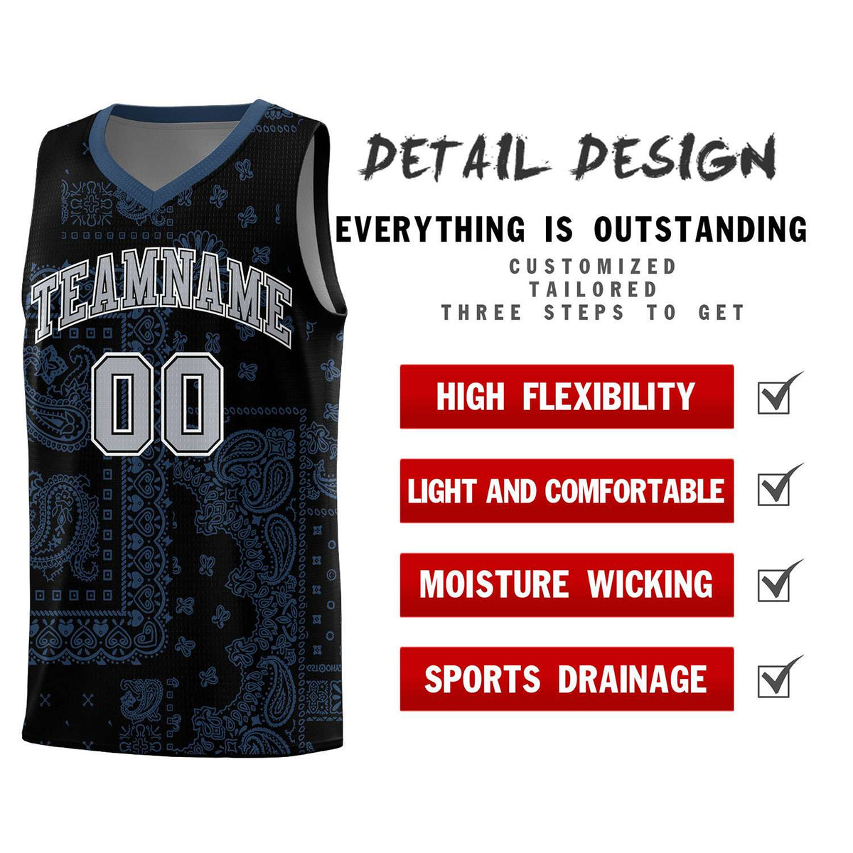 Custom Black Basketball Kits With Midnight Blue Cashew Flower Print Pattern
