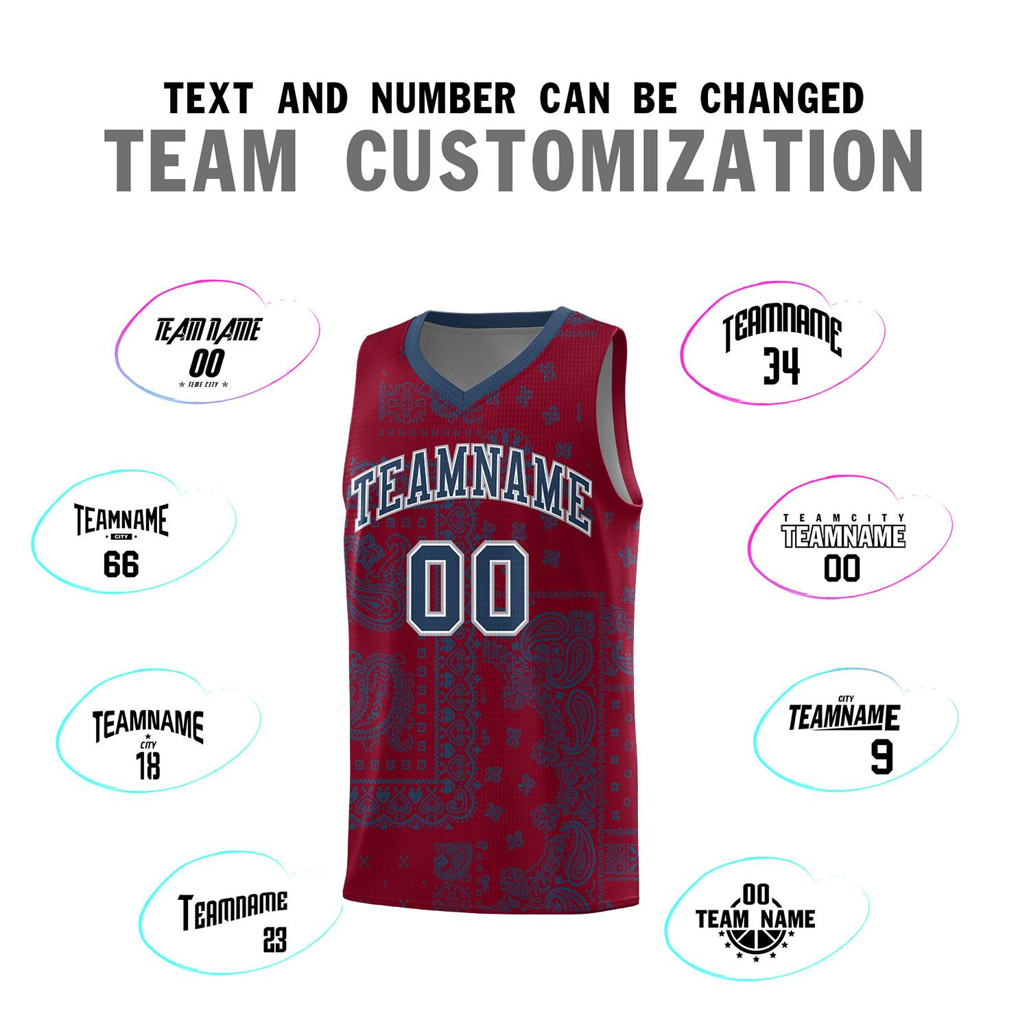 Custom Crimson Basketball Kits With Midnight Blue Cashew Flower Print Pattern