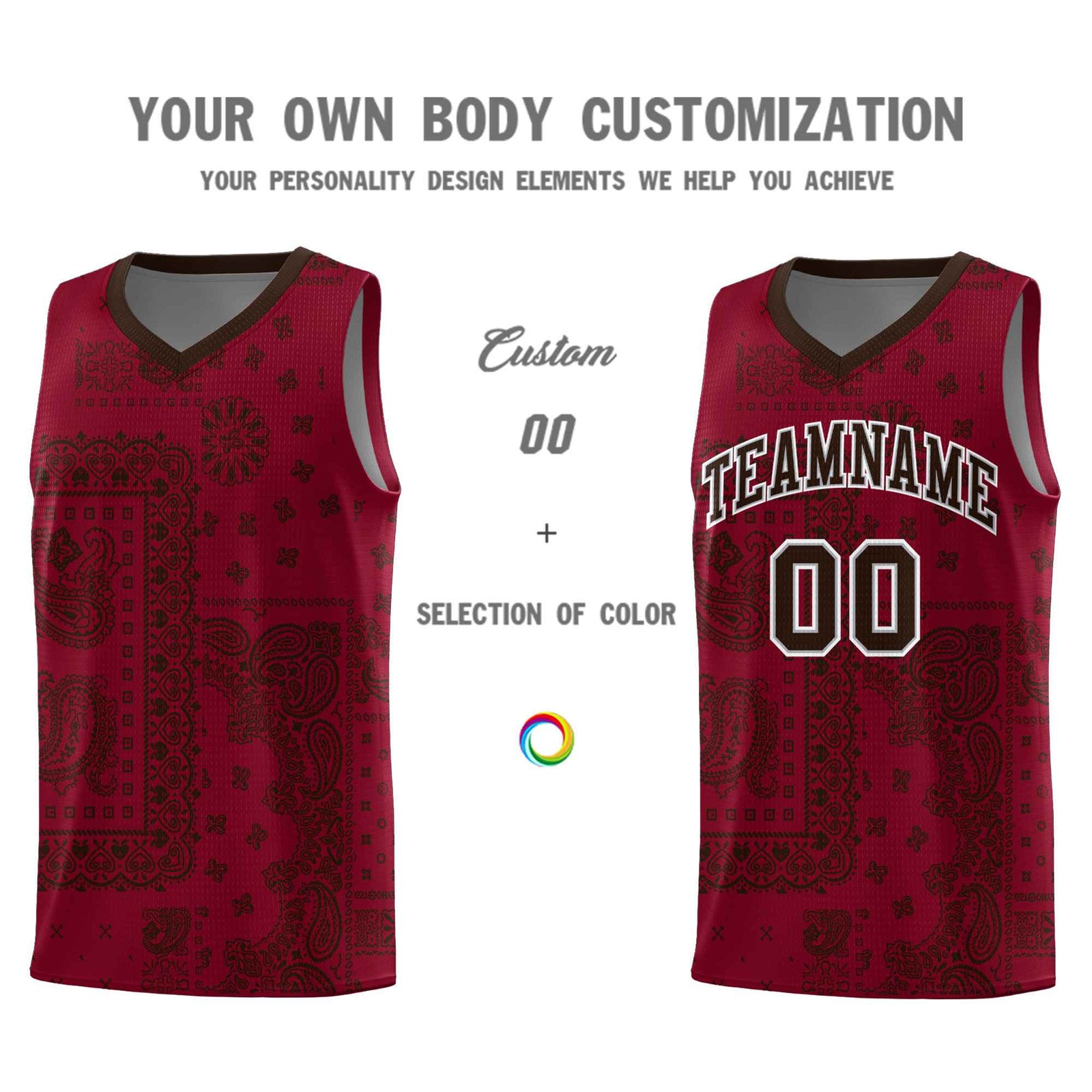Custom Crimson Basketball Kits With Brown Cashew Flower Print Pattern