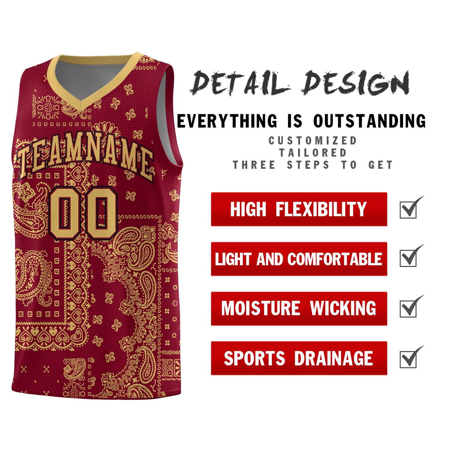 Custom Crimson Basketball Kits With Old Gold Cashew Flower Print Pattern