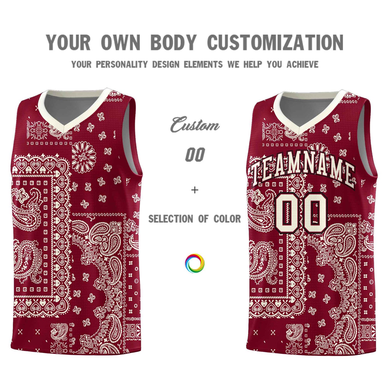 Custom Crimson Basketball Kits With Cream Cashew Flower Print Pattern