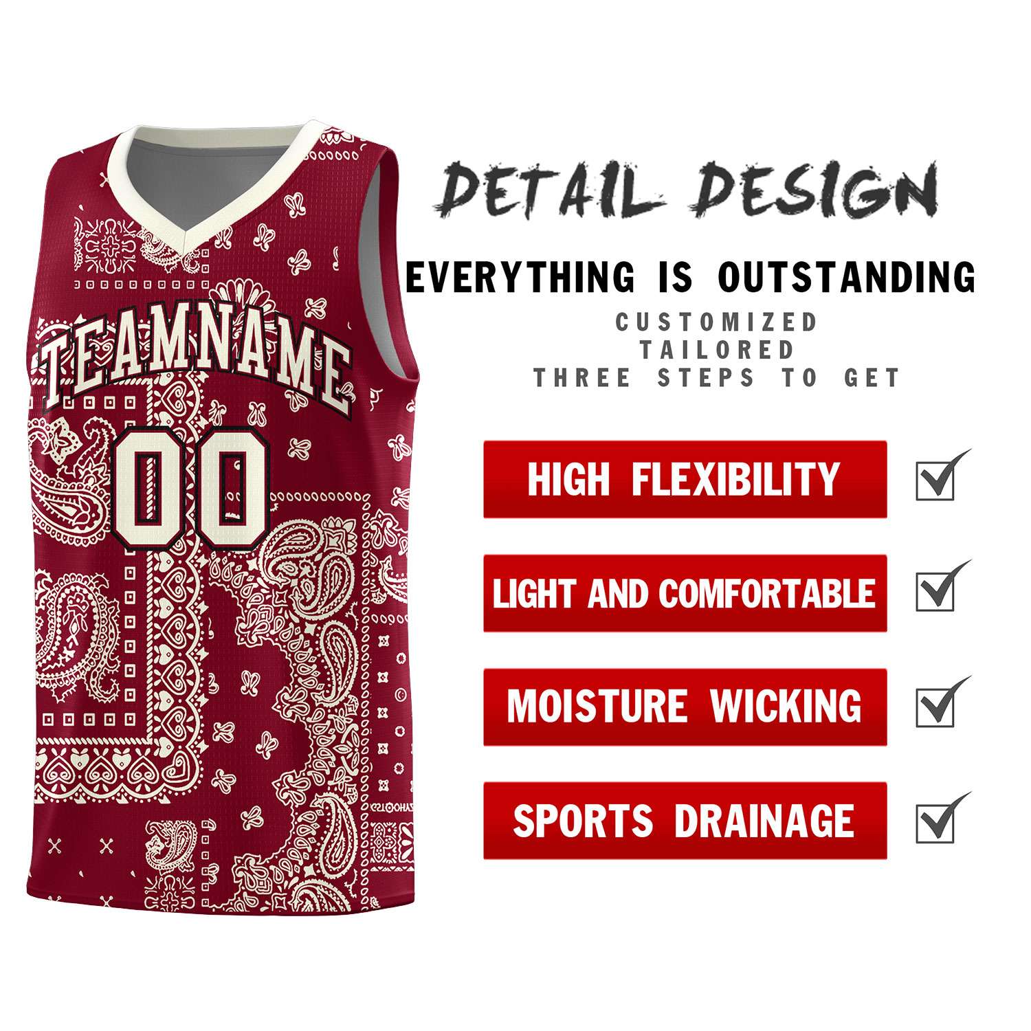 Custom Crimson Basketball Kits With Cream Cashew Flower Print Pattern