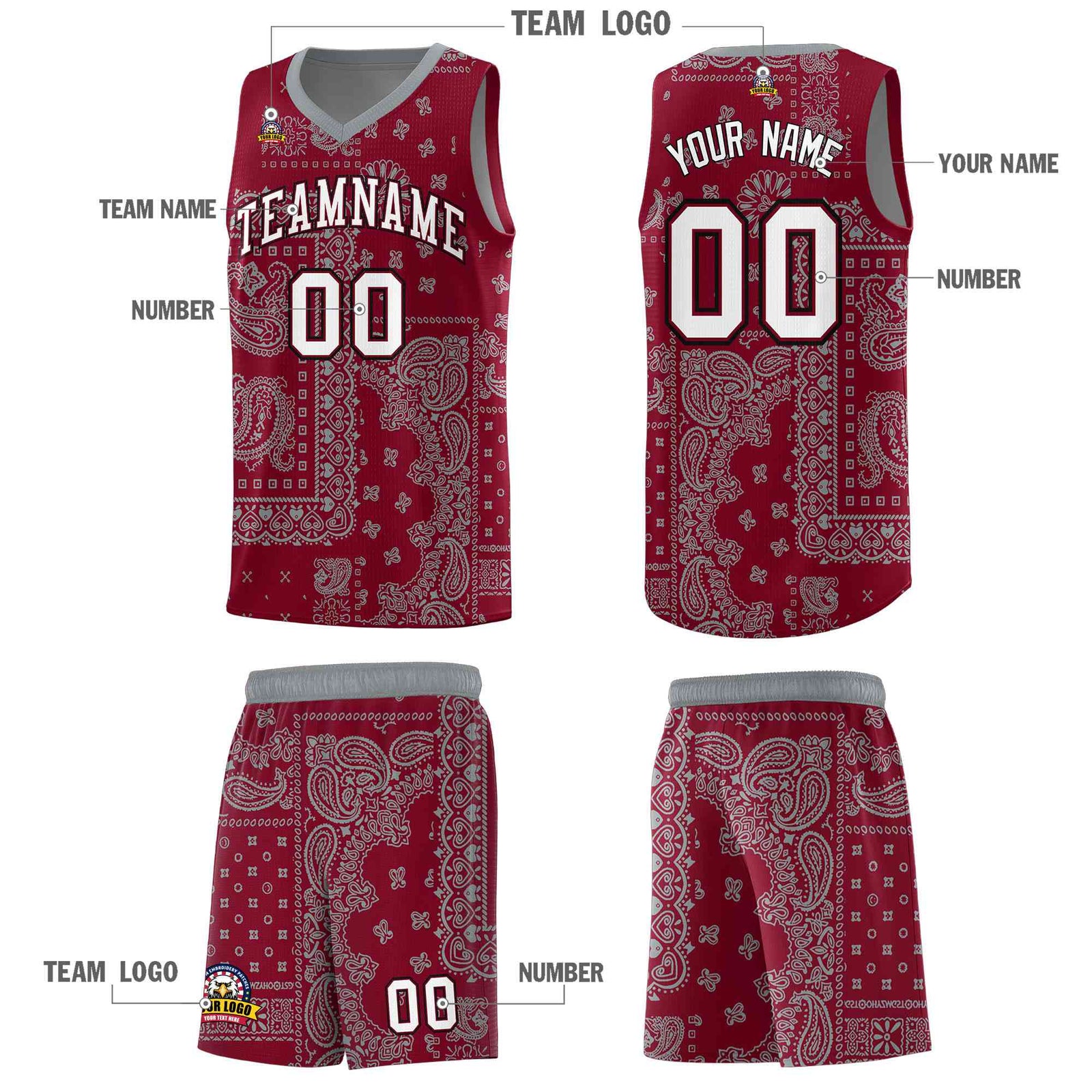 Custom Crimson Basketball Kits With Gray Cashew Flower Print Pattern