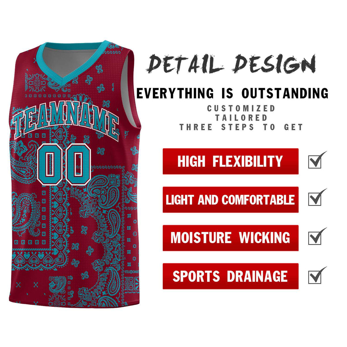 Custom Crimson Basketball Kits With Aqua Cashew Flower Print Pattern