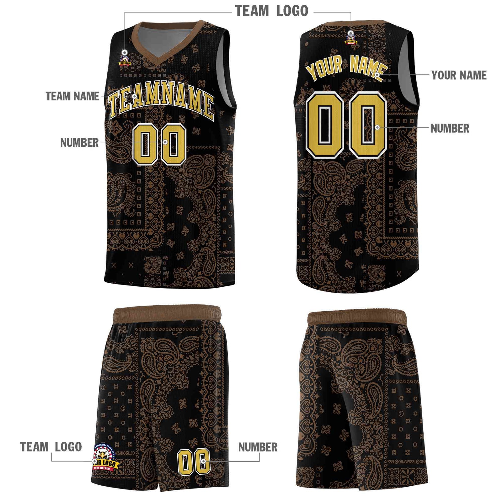 Custom Black Basketball Kits With Light Brown Cashew Flower Print Pattern