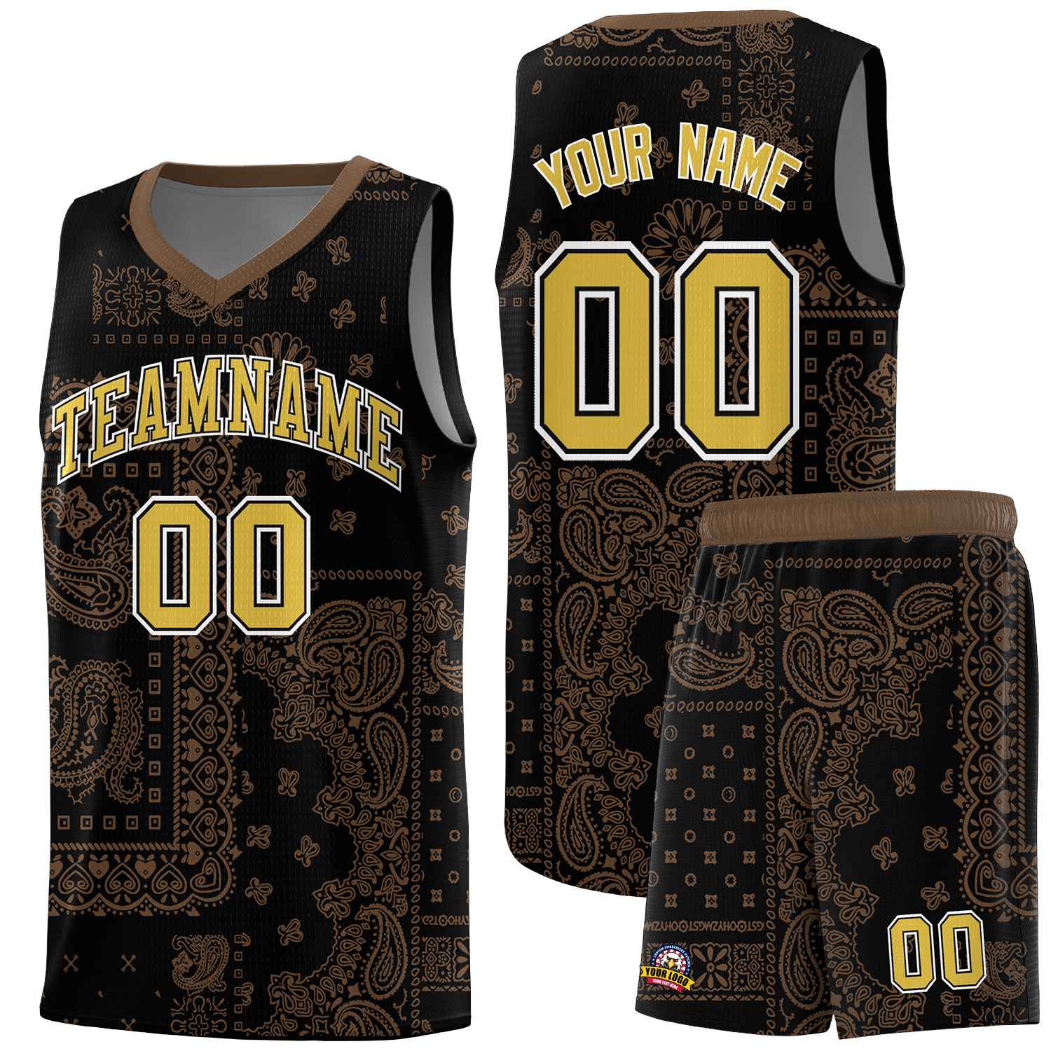 Custom Black Basketball Kits With Light Brown Cashew Flower Print Pattern
