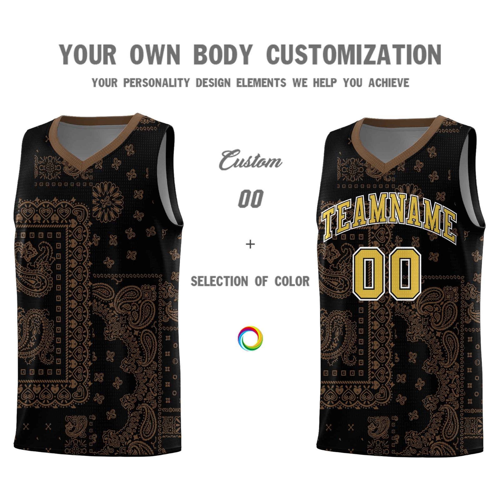 Custom Black Basketball Kits With Light Brown Cashew Flower Print Pattern