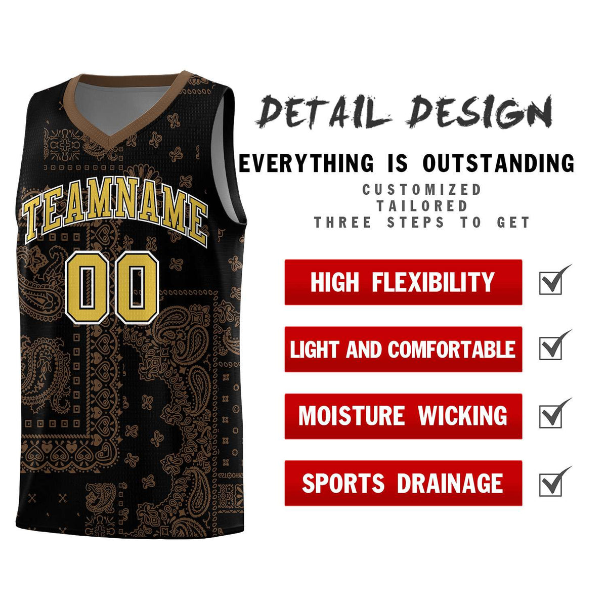 Custom Black Basketball Kits With Light Brown Cashew Flower Print Pattern