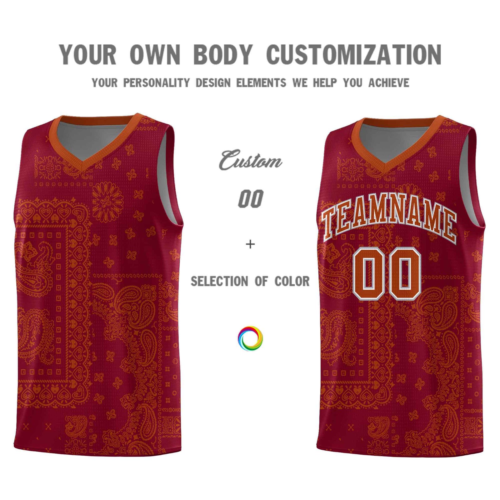 Custom Crimson Basketball Kits With Texas Orange Cashew Flower Print Pattern