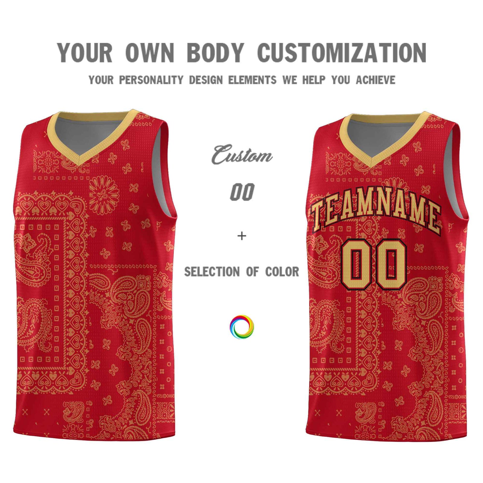 Custom Red Basketball Kits With Old Gold Cashew Flower Print Pattern