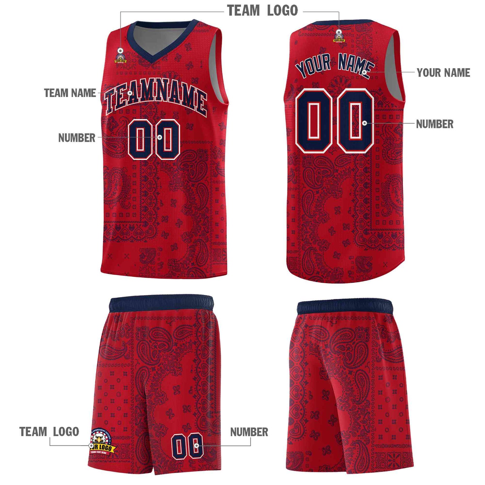 Custom Red Basketball Kits With Navy Cashew Flower Print Pattern