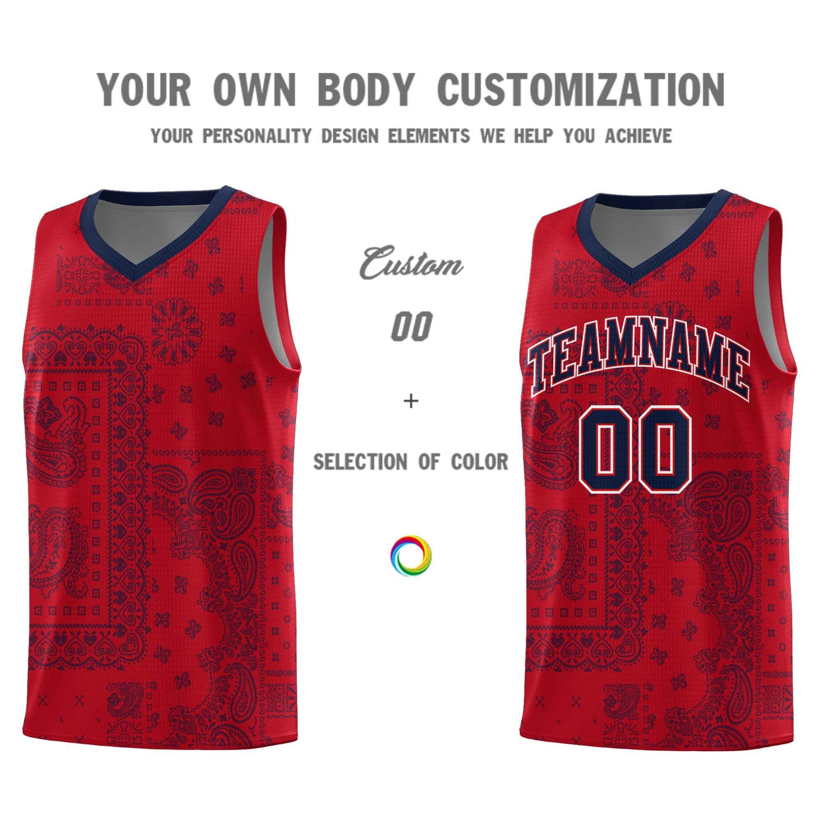 Custom Red Basketball Kits With Navy Cashew Flower Print Pattern