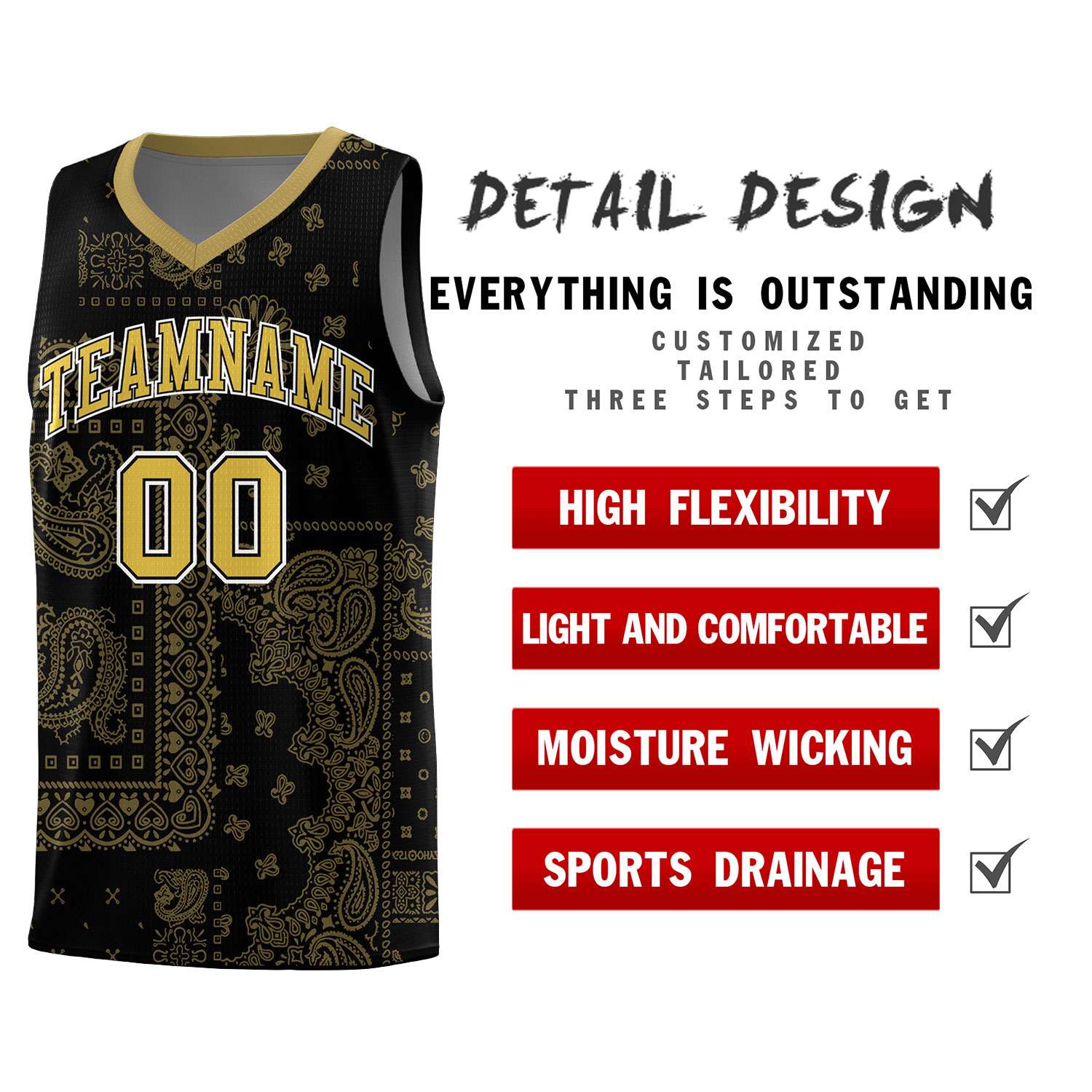 Custom Black Basketball Kits With Old Gold Cashew Flower Print Pattern