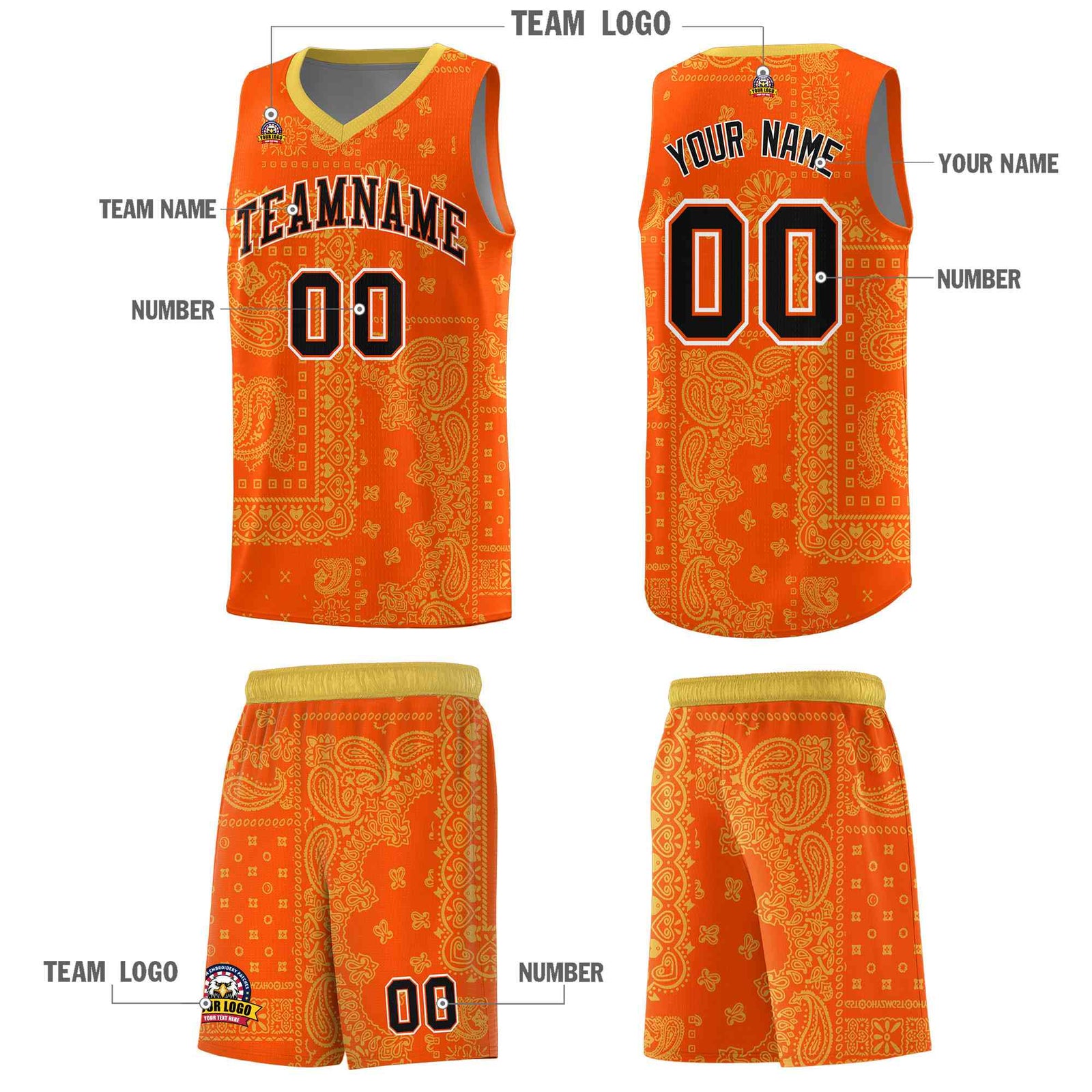 Custom Orange Basketball Kits With Old Gold Cashew Flower Print Pattern