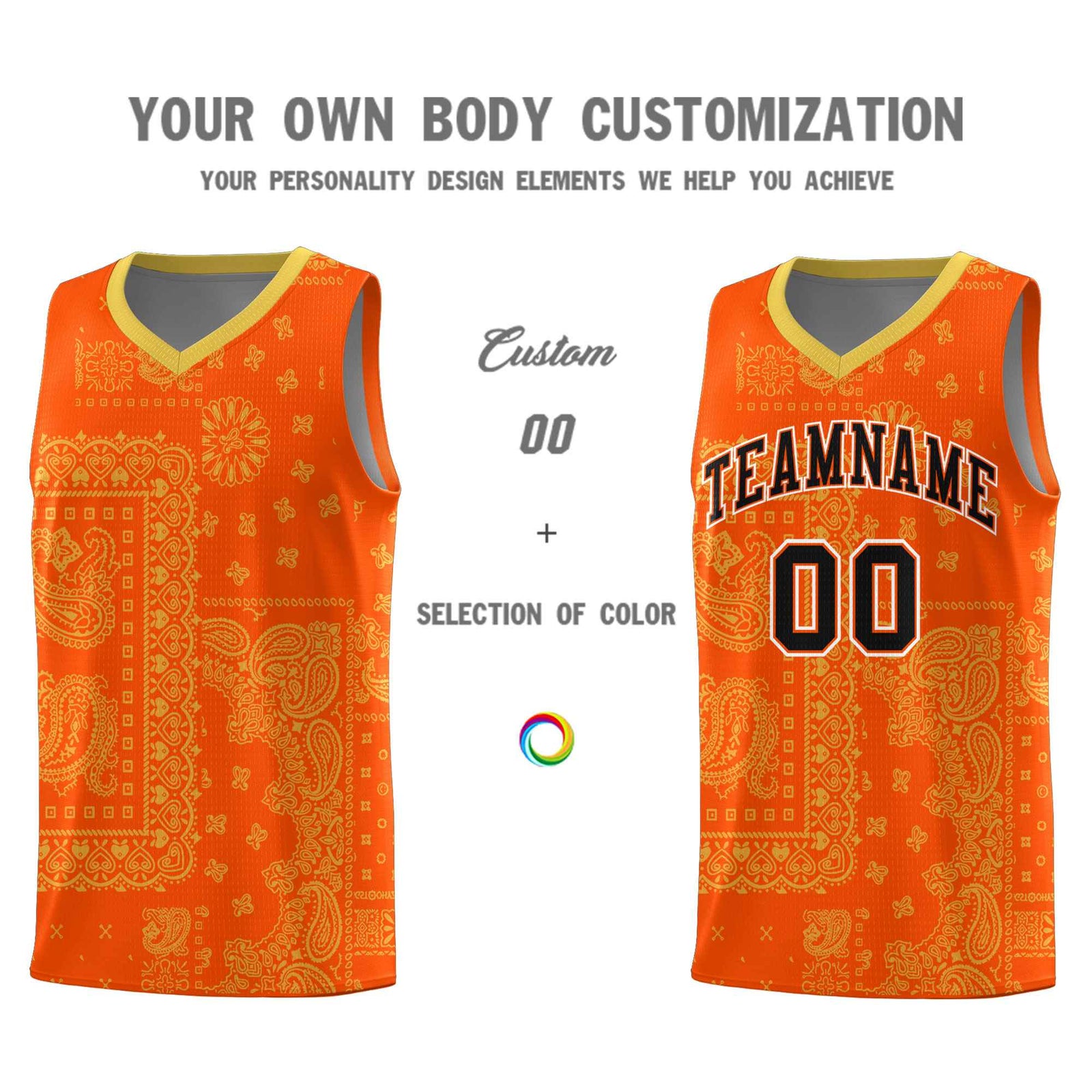 Custom Orange Basketball Kits With Old Gold Cashew Flower Print Pattern