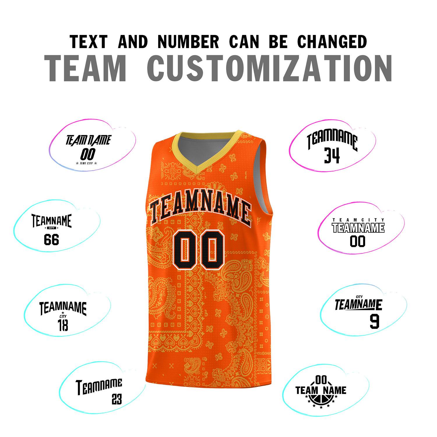 Custom Orange Basketball Kits With Old Gold Cashew Flower Print Pattern