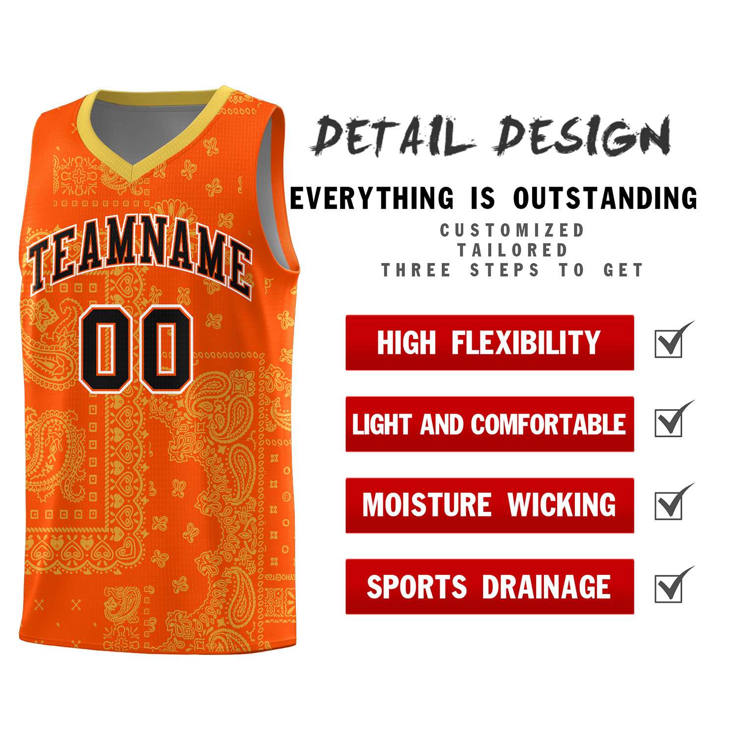 Custom Orange Basketball Kits With Old Gold Cashew Flower Print Pattern