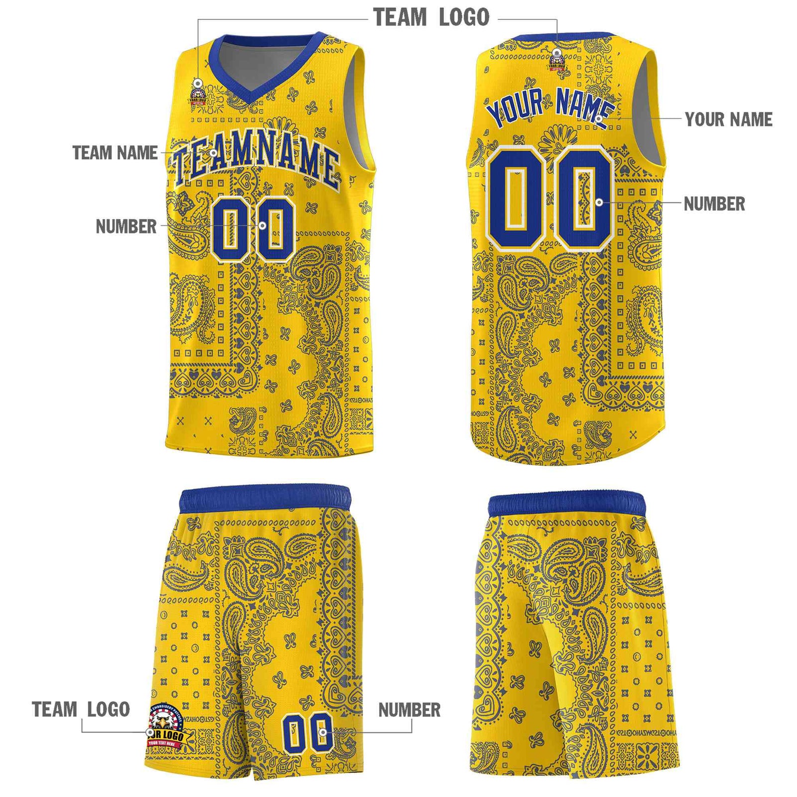 Custom Gold Basketball Kits With Royal Cashew Flower Print Pattern