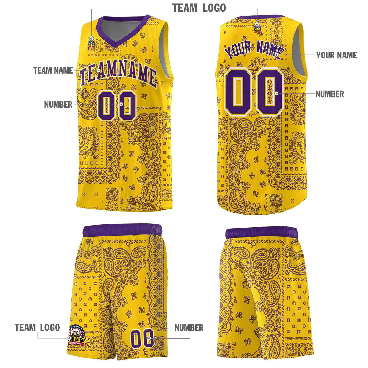 Custom Gold Basketball Kits With Purple Cashew Flower Print Pattern