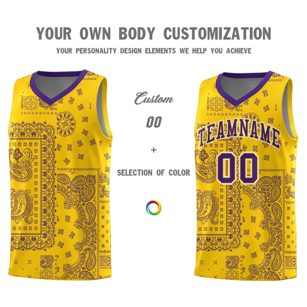 Custom Gold Basketball Kits With Purple Cashew Flower Print Pattern