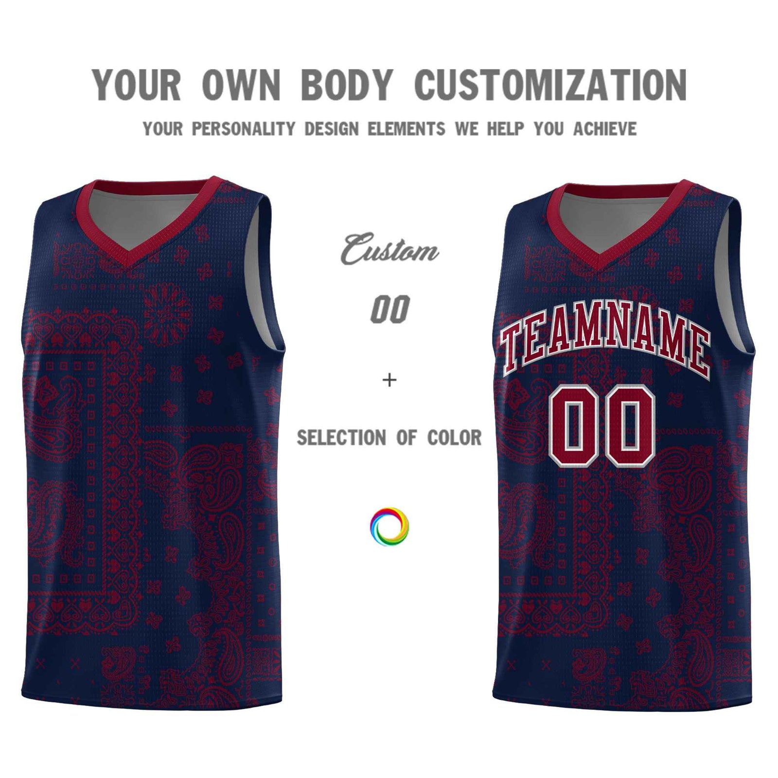 Custom Navy Basketball Kits With Crimson Cashew Flower Print Pattern