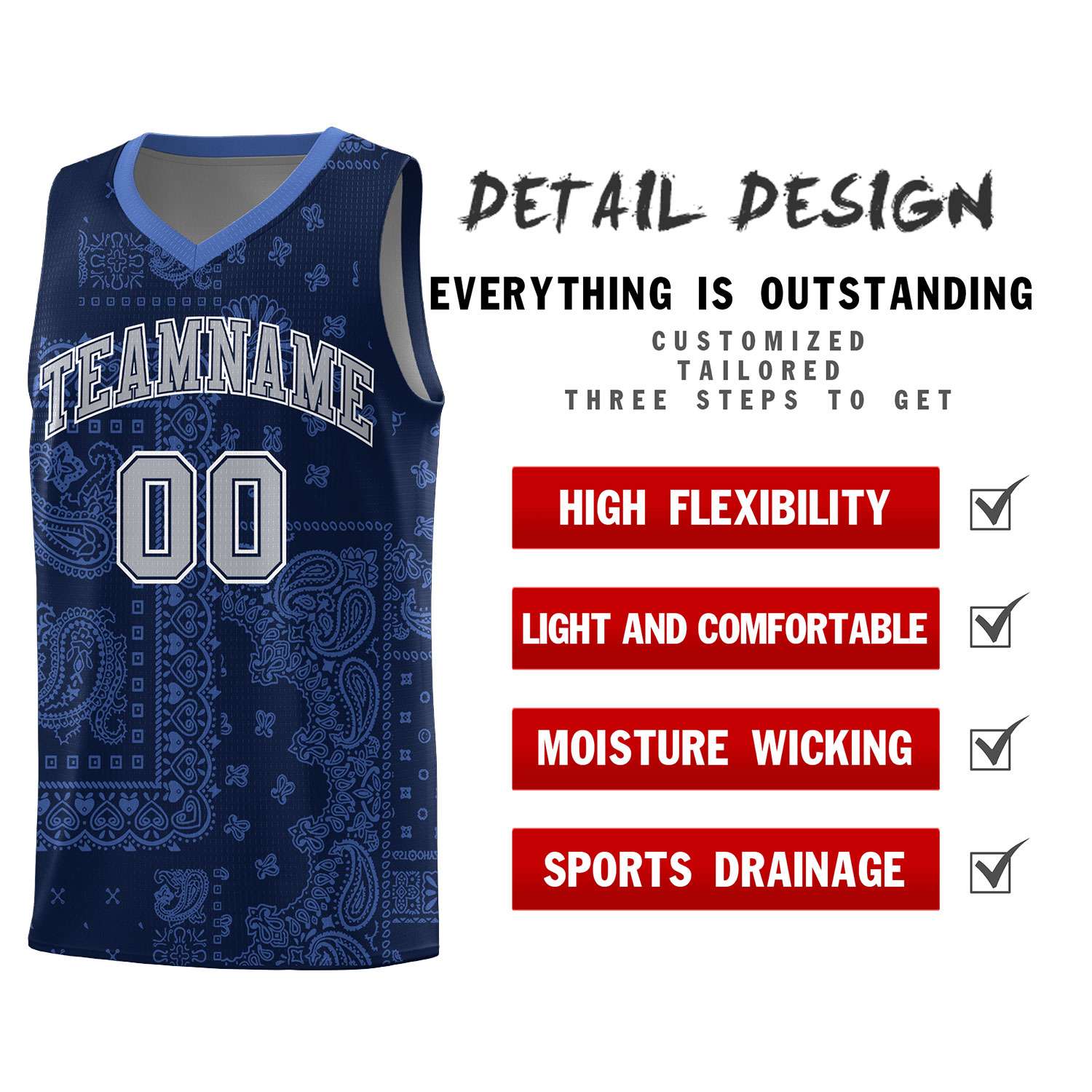 Custom Navy Basketball Kits With Light Blue Cashew Flower Print Pattern