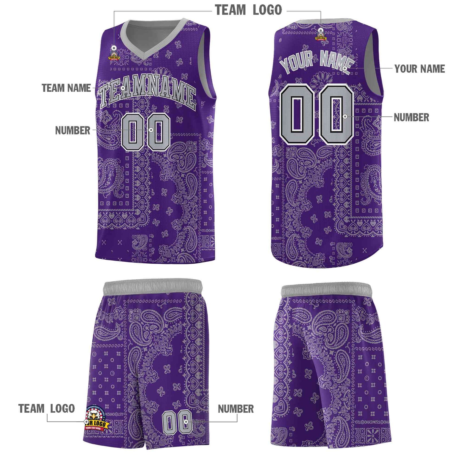 Custom Purple Basketball Kits With Gray Cashew Flower Print Pattern