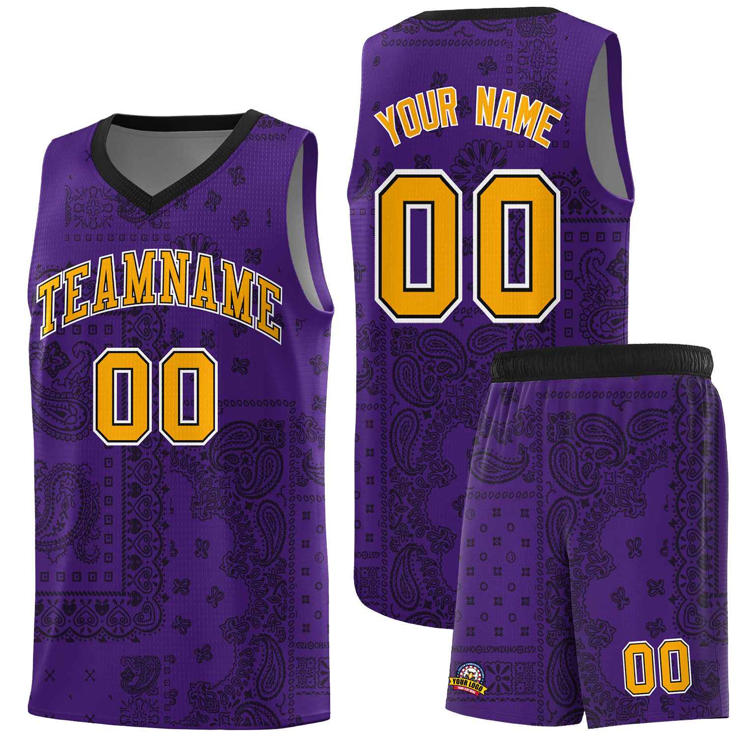 Custom Purple Basketball Kits With Black Cashew Flower Print Pattern