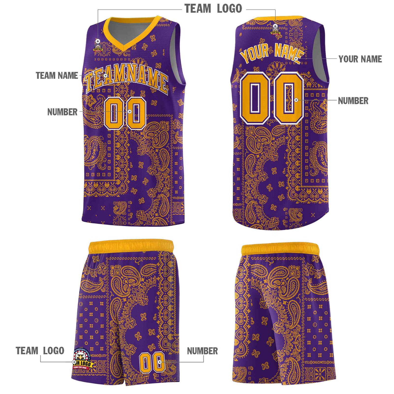 Custom Purple Basketball Kits With Yellow Cashew Flower Print Pattern