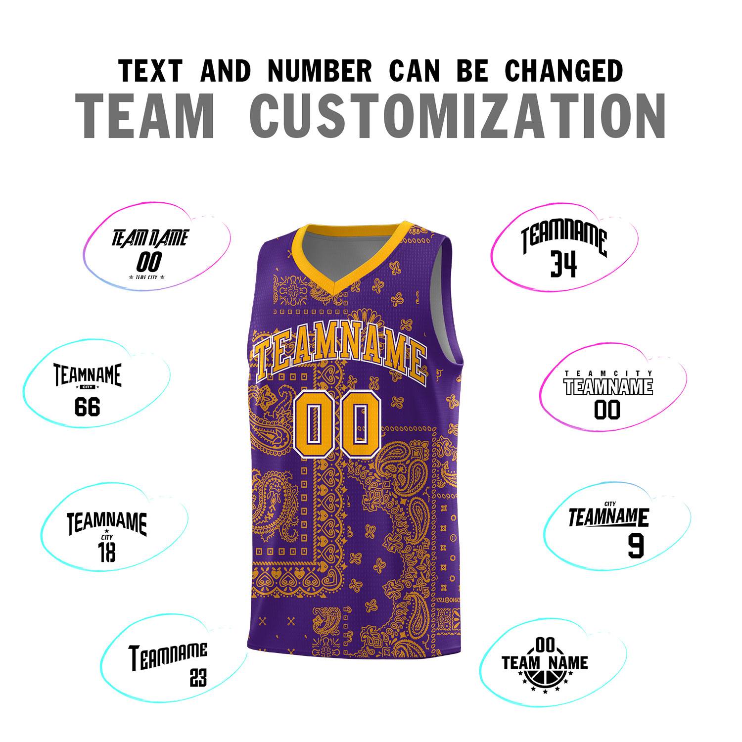 Custom Purple Basketball Kits With Yellow Cashew Flower Print Pattern