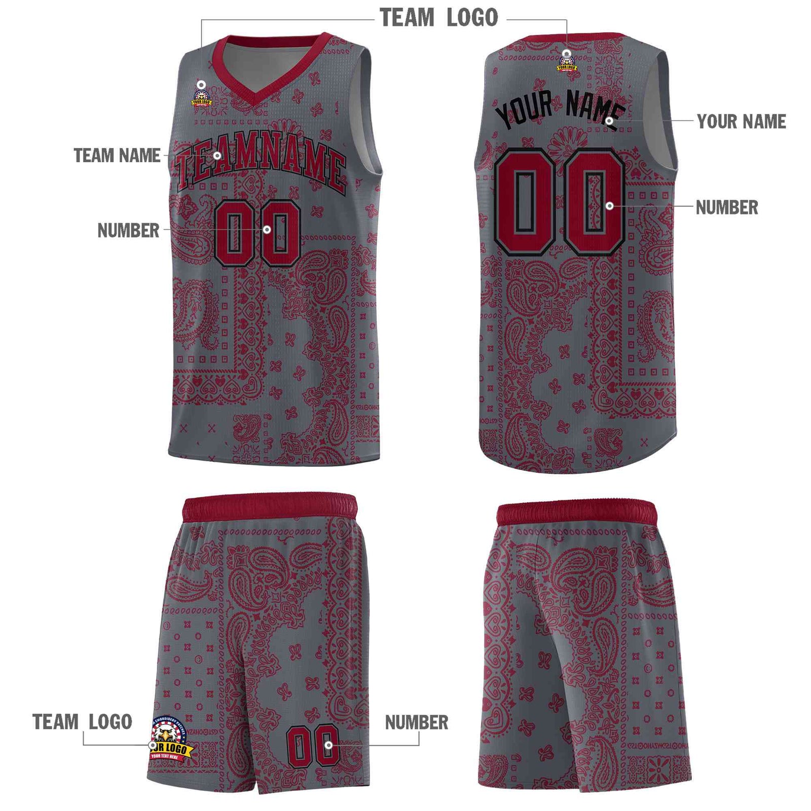 Custom Gray Basketball Kits With Crimson Cashew Flower Print Pattern