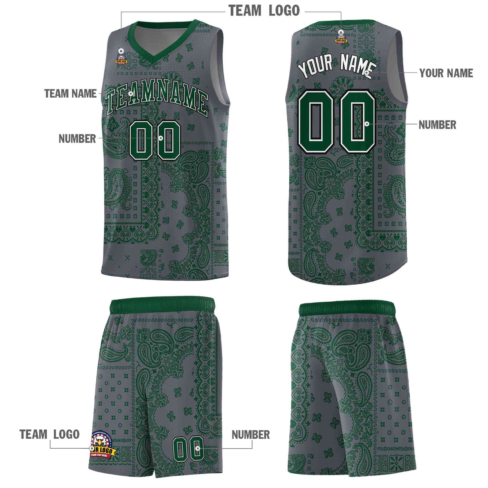 Custom Gray Basketball Kits With Kelly Green Cashew Flower Print Pattern