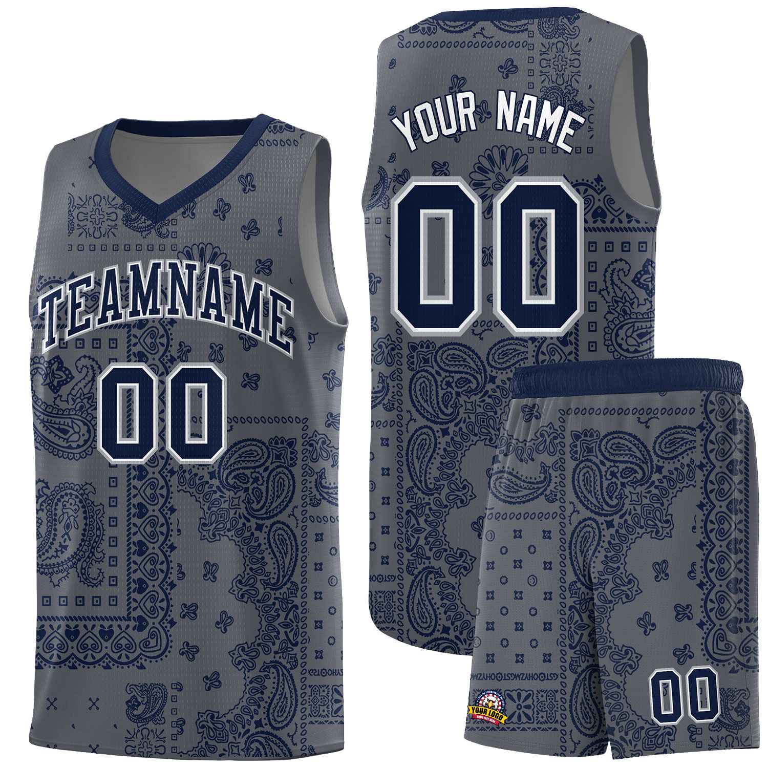 Custom Gray Basketball Kits With Navy Cashew Flower Print Pattern