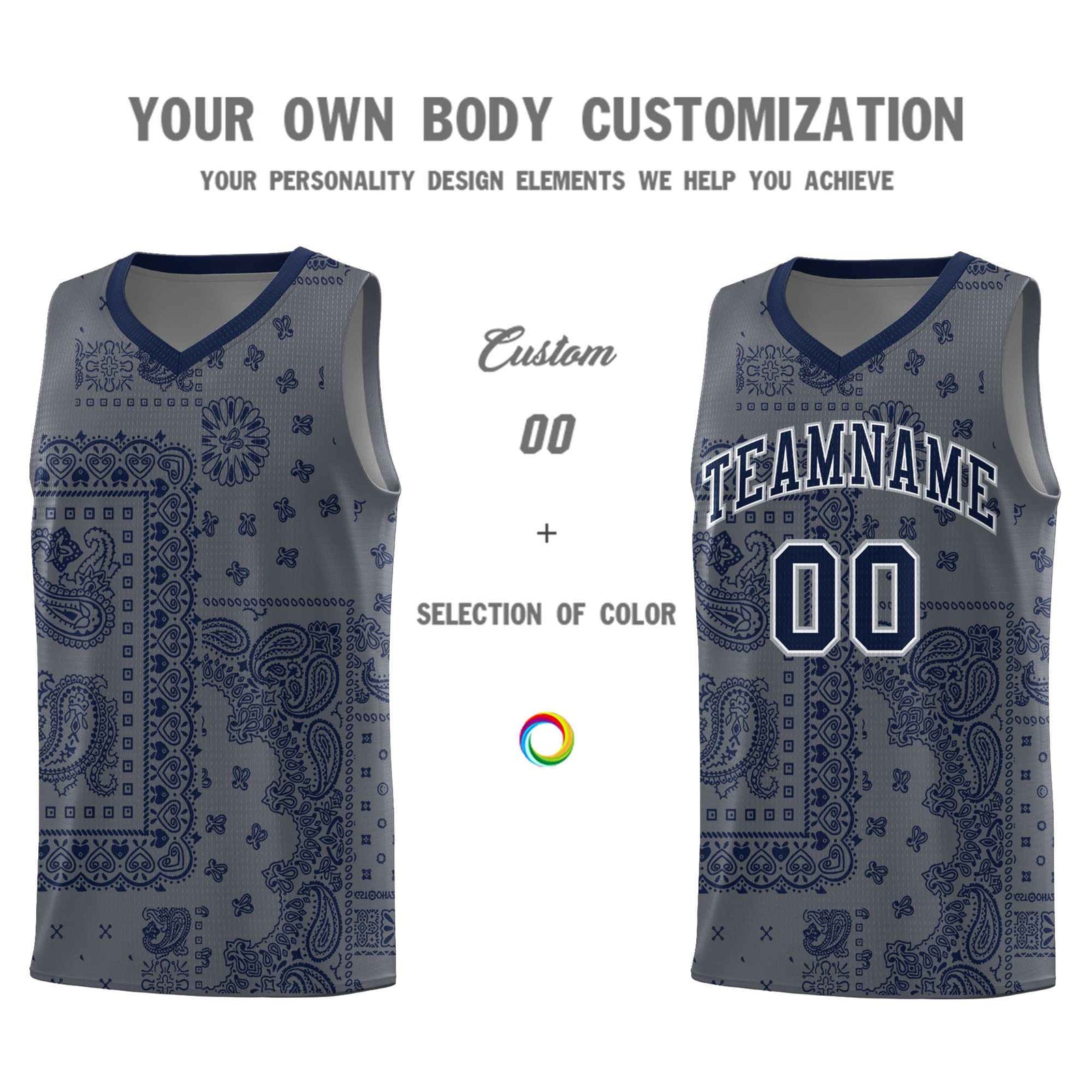 Custom Gray Basketball Kits With Navy Cashew Flower Print Pattern