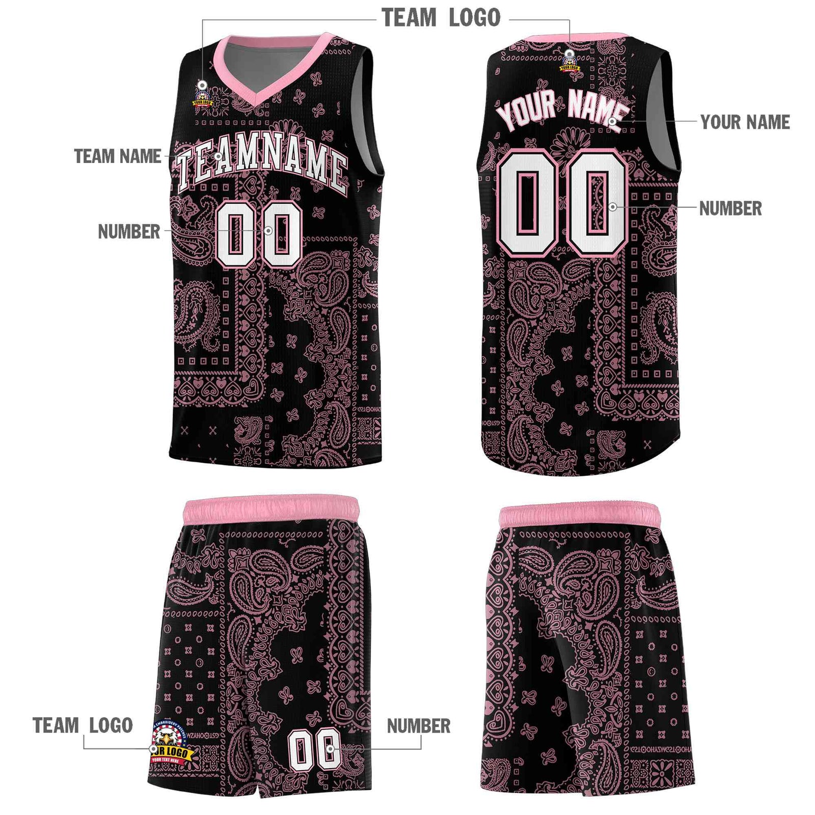Custom Black Basketball Kits With Light Pink Cashew Flower Print Pattern