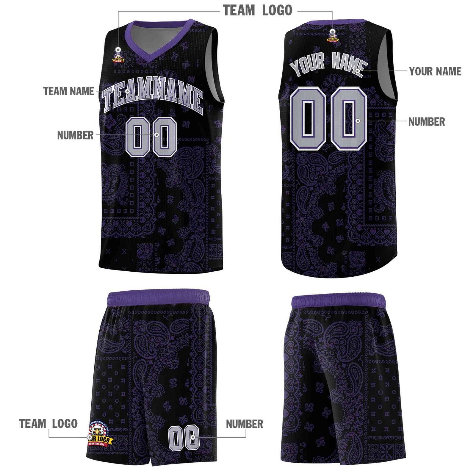 Custom Black Basketball Kits With Purple Cashew Flower Print Pattern