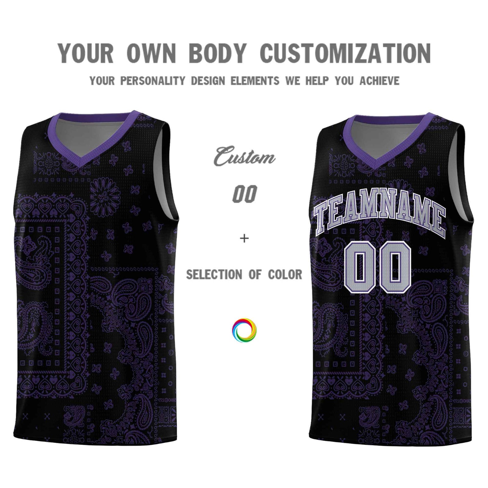 Custom Black Basketball Kits With Purple Cashew Flower Print Pattern
