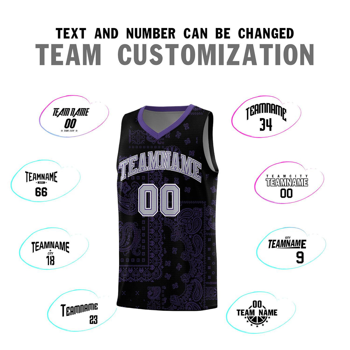 Custom Black Basketball Kits With Purple Cashew Flower Print Pattern